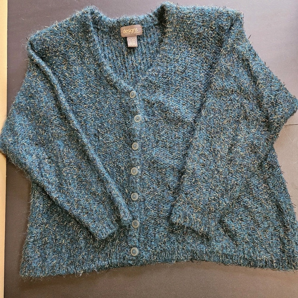 Designs by Lane Bryant Teal Black Gold Eyelash Knit Button Front Cardigan M